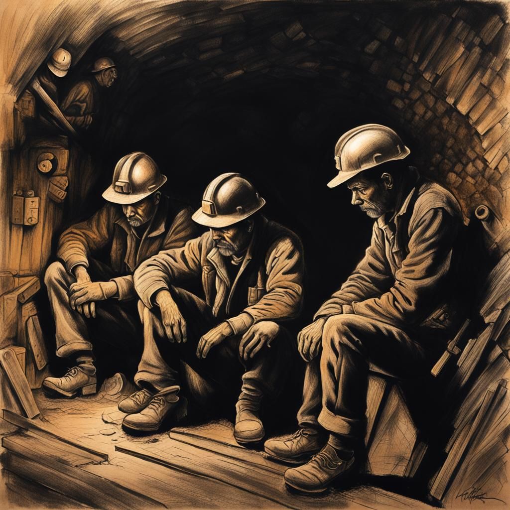 Miners in Dimly Lit Mine Shaft: Charcoal Drawing