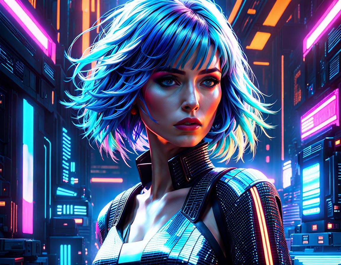 Cyberpunk Hologram Girl in Blade Runner Style