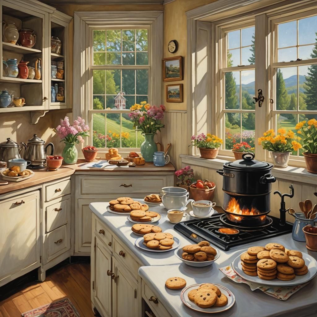 Inviting Grandma's Kitchen Painting with Blooming Garden