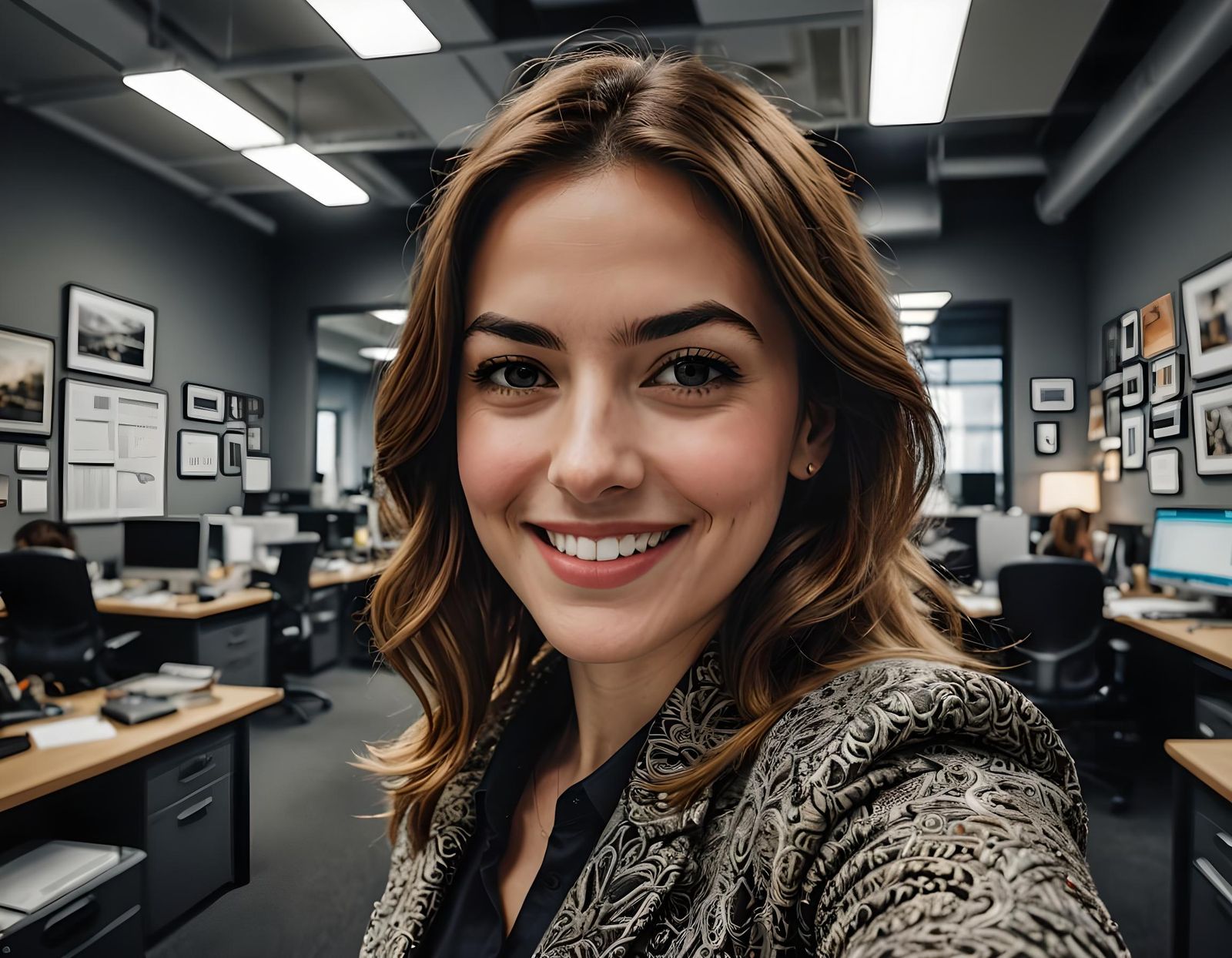 Hyperrealistic Selfie of Woman in Office