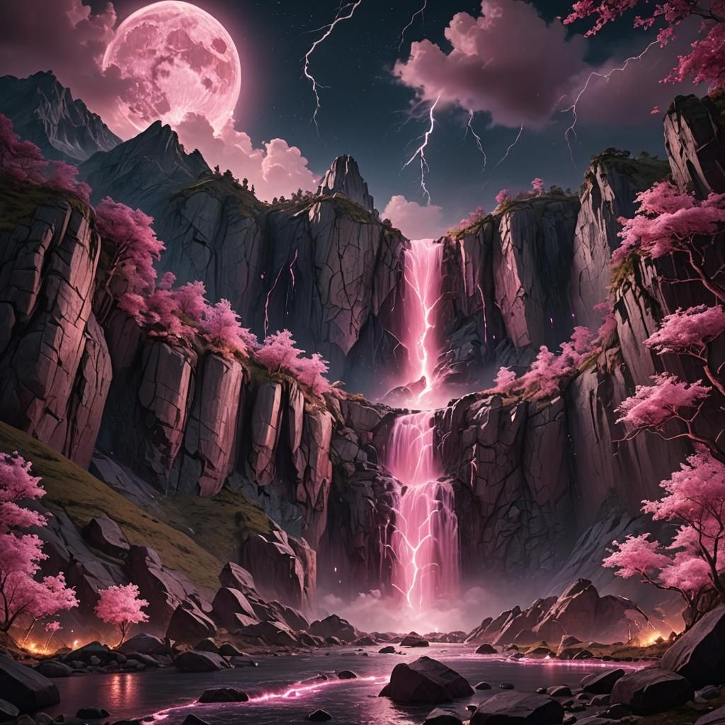 Night Mountain Scene with Pink Lightning