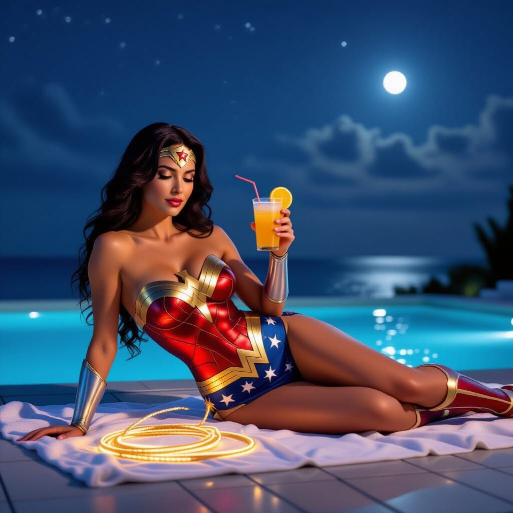 Wonder Woman Relaxing Poolside at Night