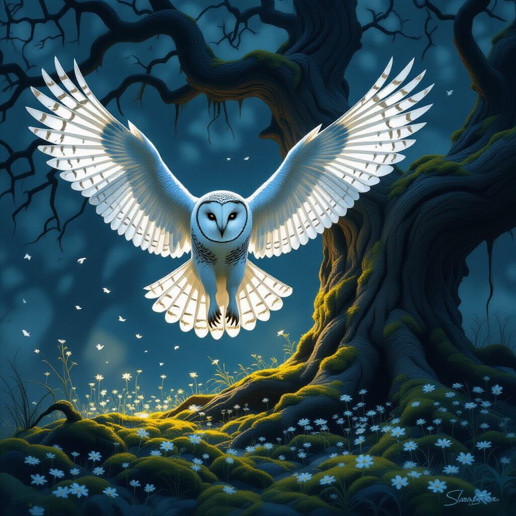 White Owl Takes Flight in Painterly Style