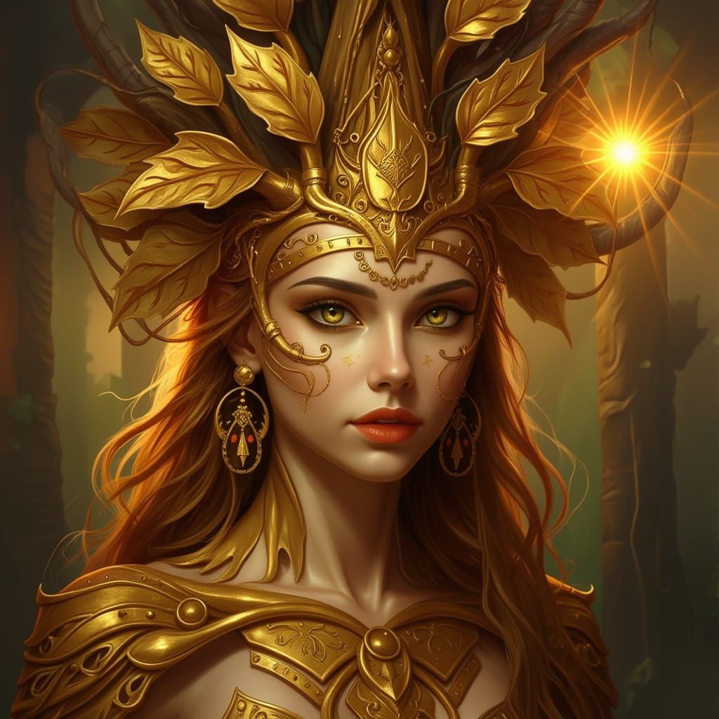Golden Dryad in Sunlit Forest, Fantasy Art Style