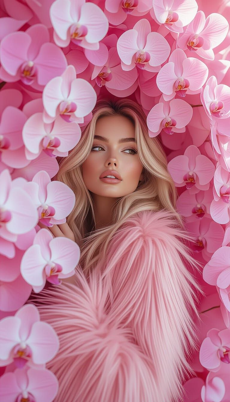 Blonde Actress Peeking Through Pink Flowers in Glamorous Pho...