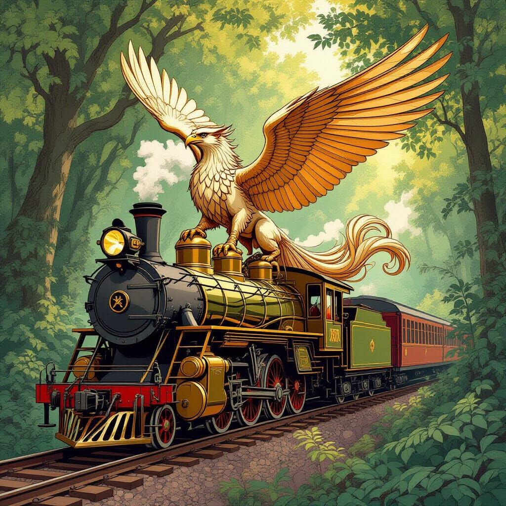 Art Nouveau Gryphon on Steam Train in Forest