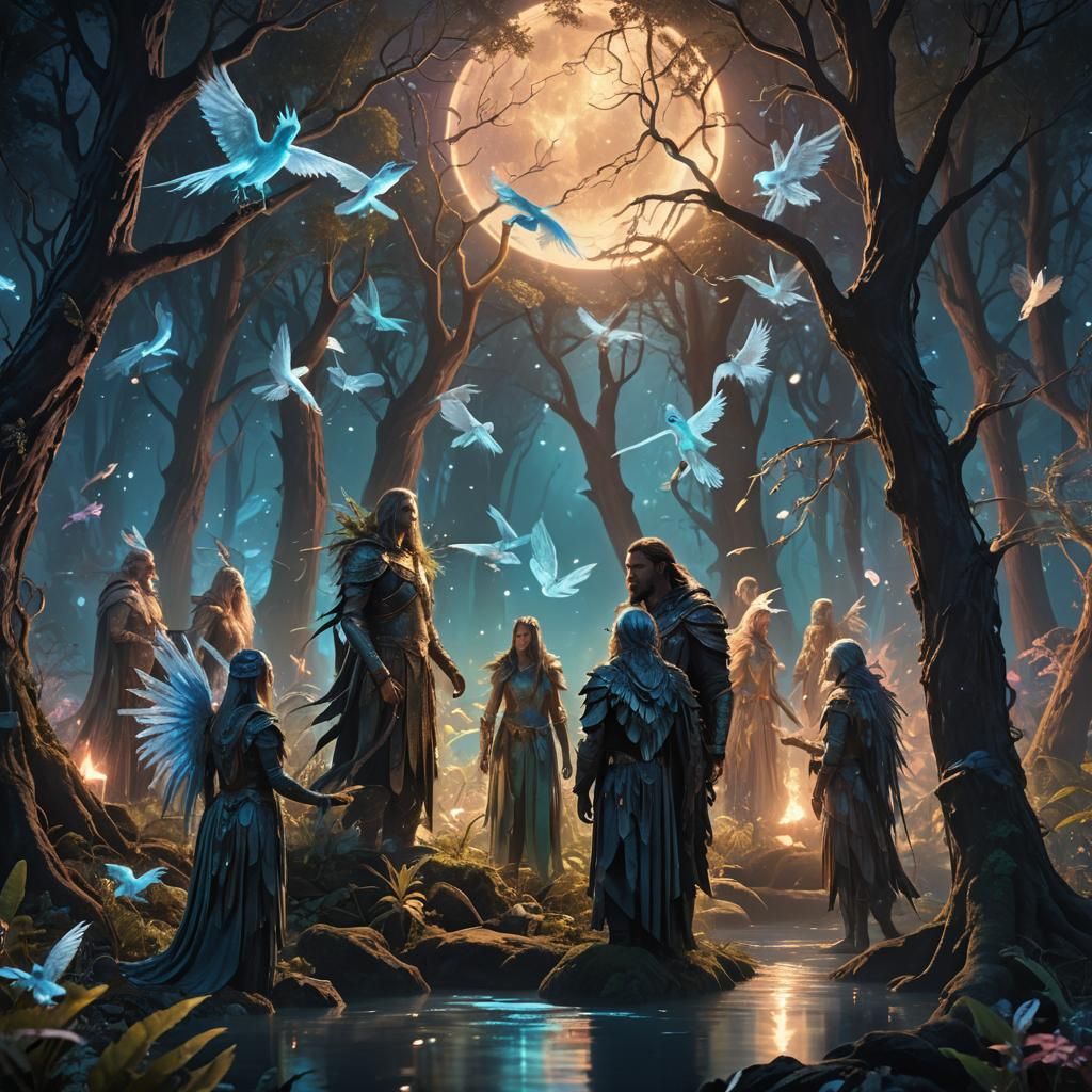 Ethereal Gathering of Zylorianos in Bioluminescent Forest