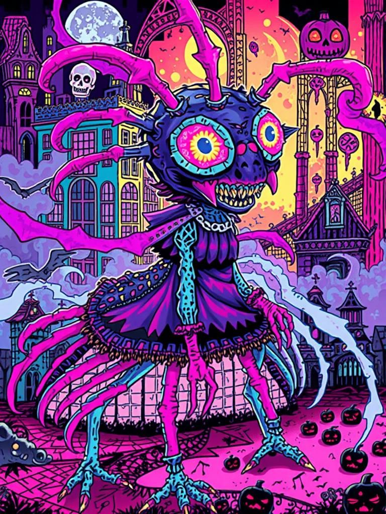Eerie Insectoid Monster in Gothic Cityscape