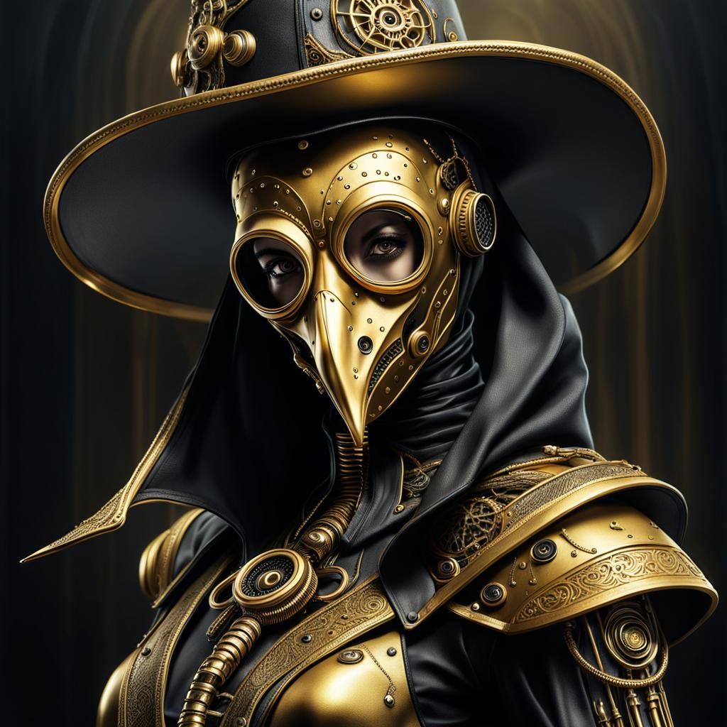 Golden Gothic Cyberpunk Plague Doctor in Giger Style