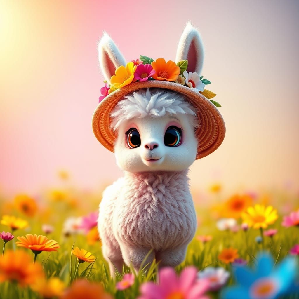 Cute Llama in Floral Hat: 3D Digital Art