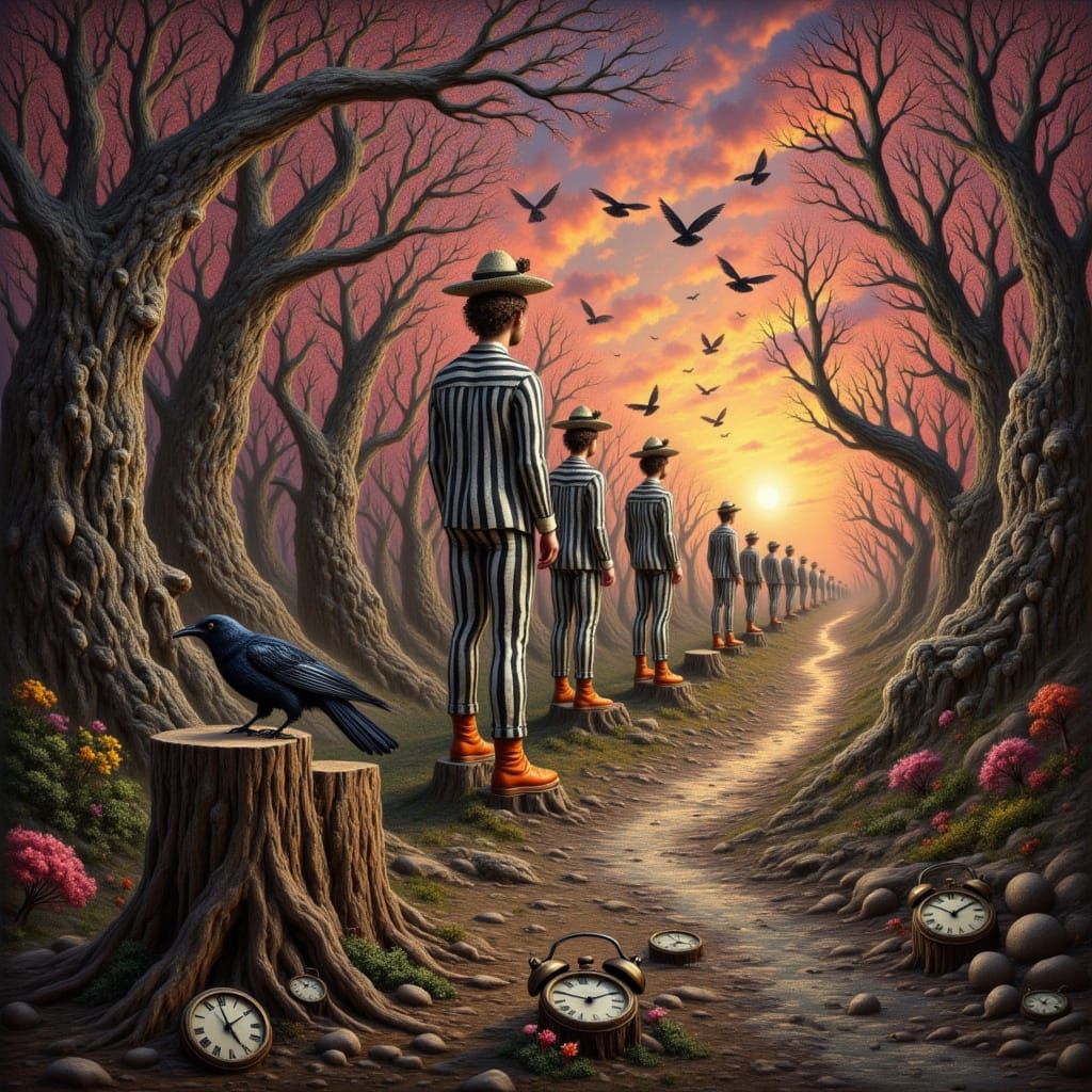 Surreal Parade of Striped Trousers at Sunset