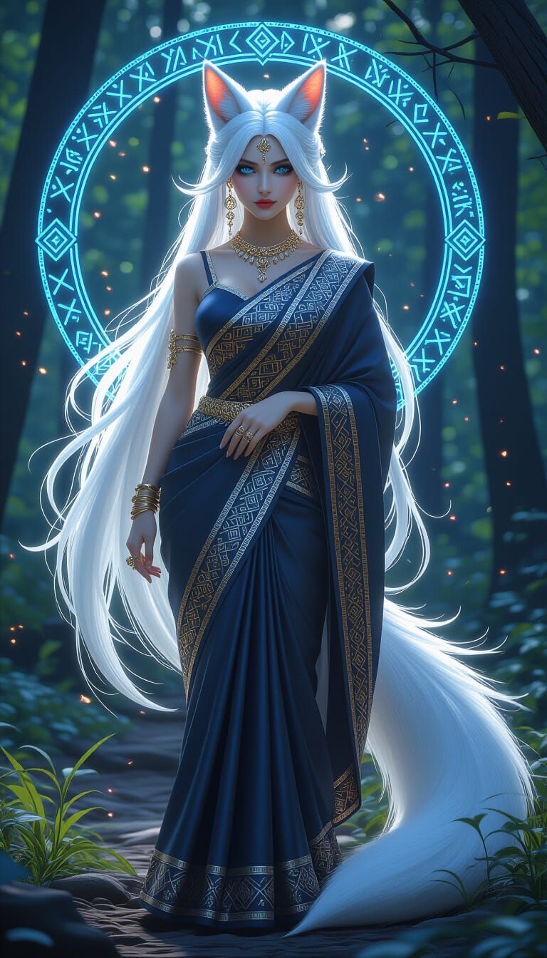 Elegant Kitsune Witch in Magical Forest
