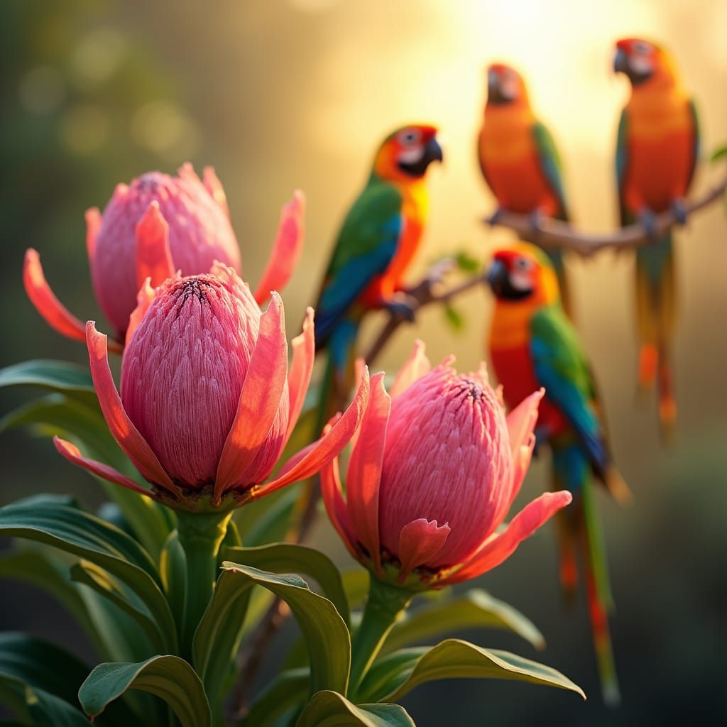 Proteas in Golden Light with Colorful Parrots