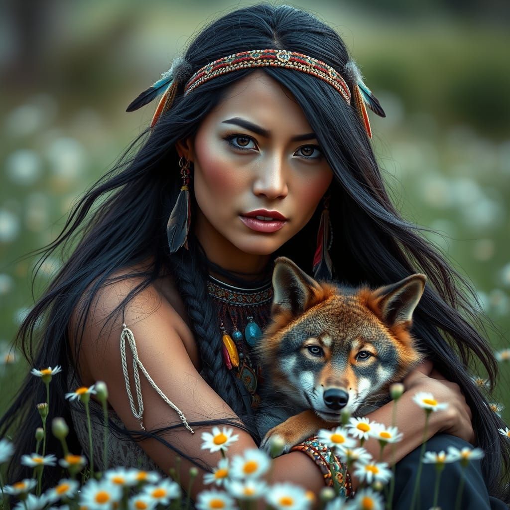 Native American Woman with Wolf Cub Portrait