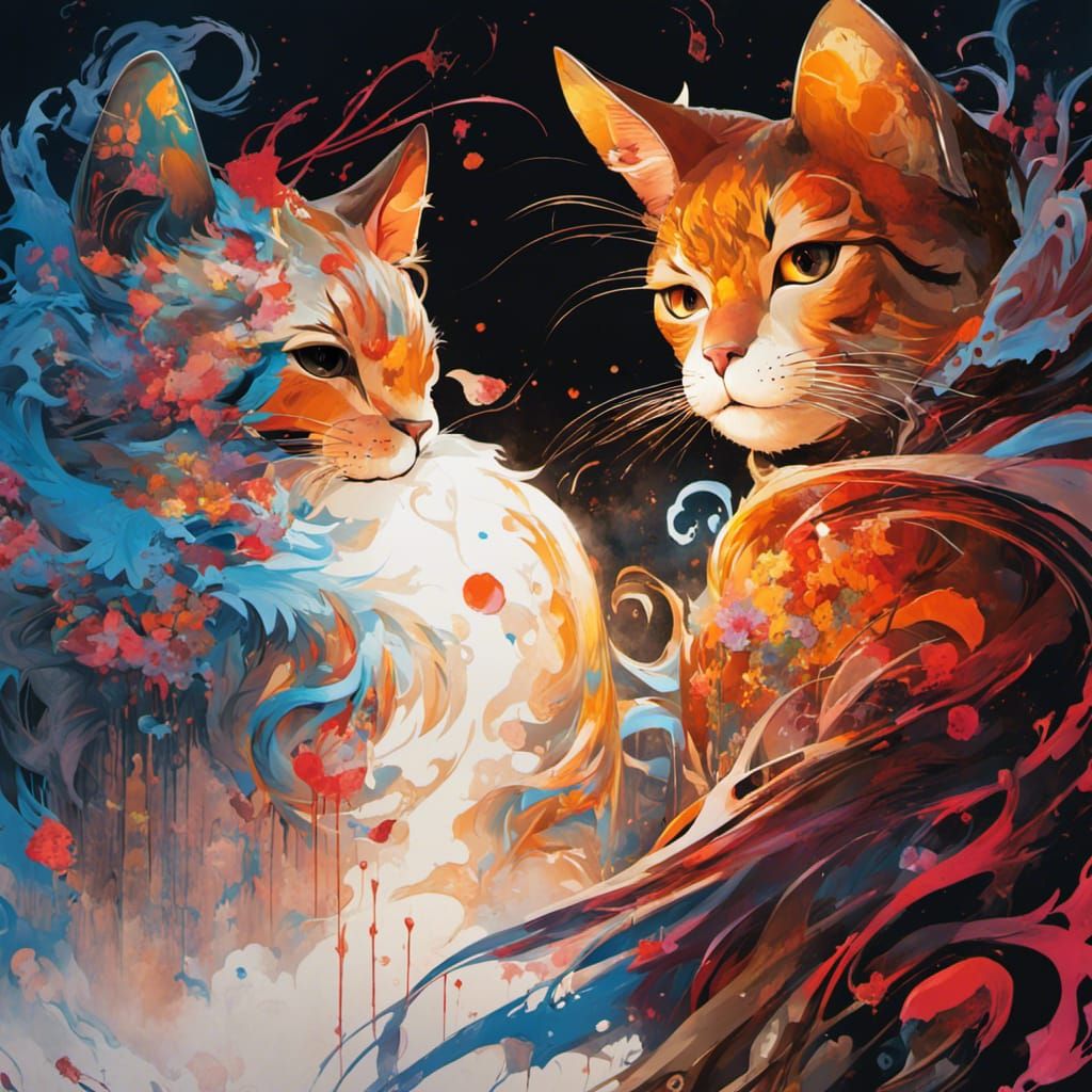 Asian Neko Yokai in Art Nouveau Style