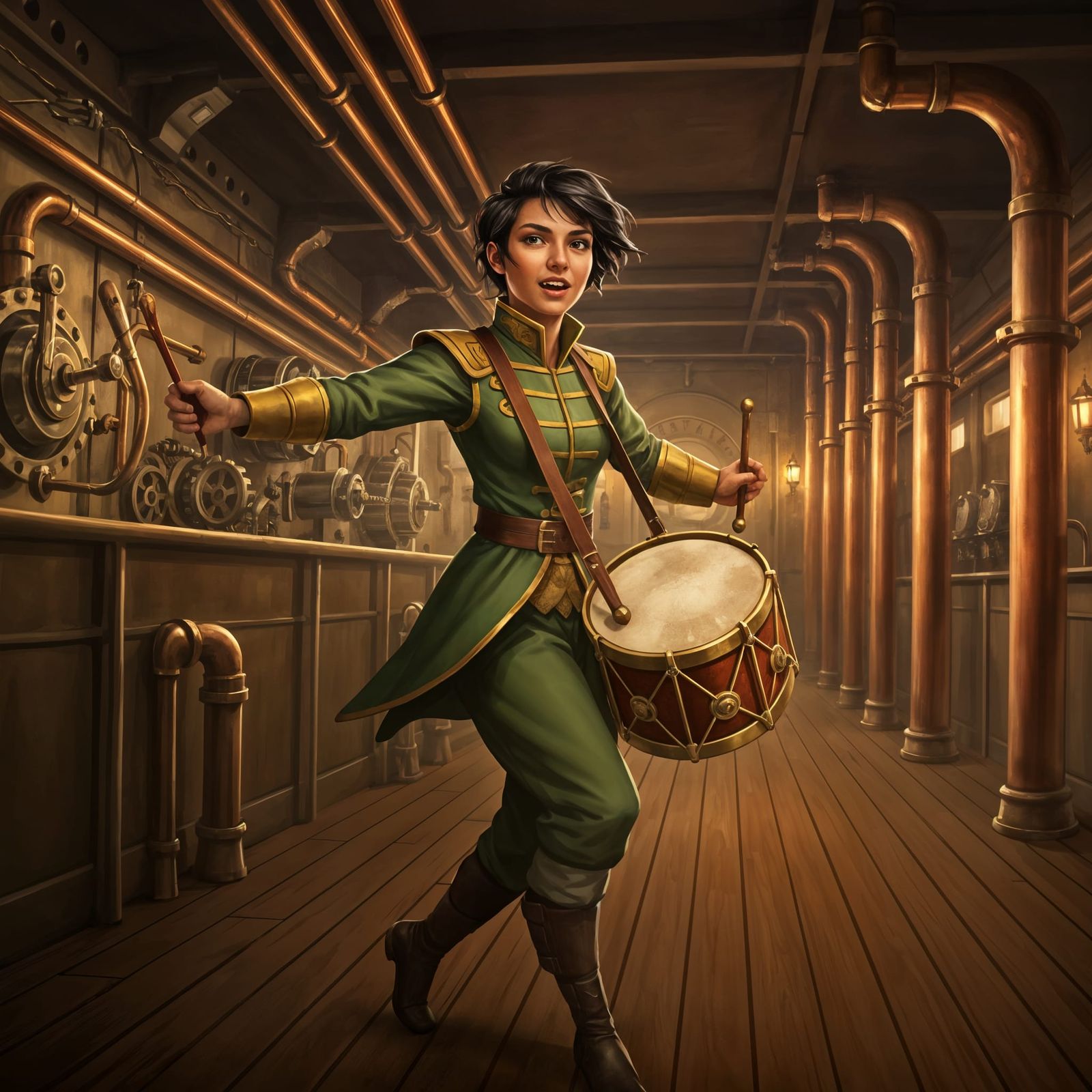 Energetic Woman Plays Ornate Drum on Steampunk Ship Deck