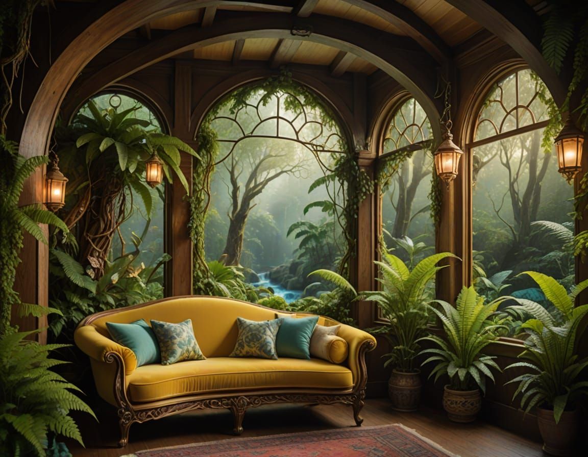 Magical Treehouse Interior with River View