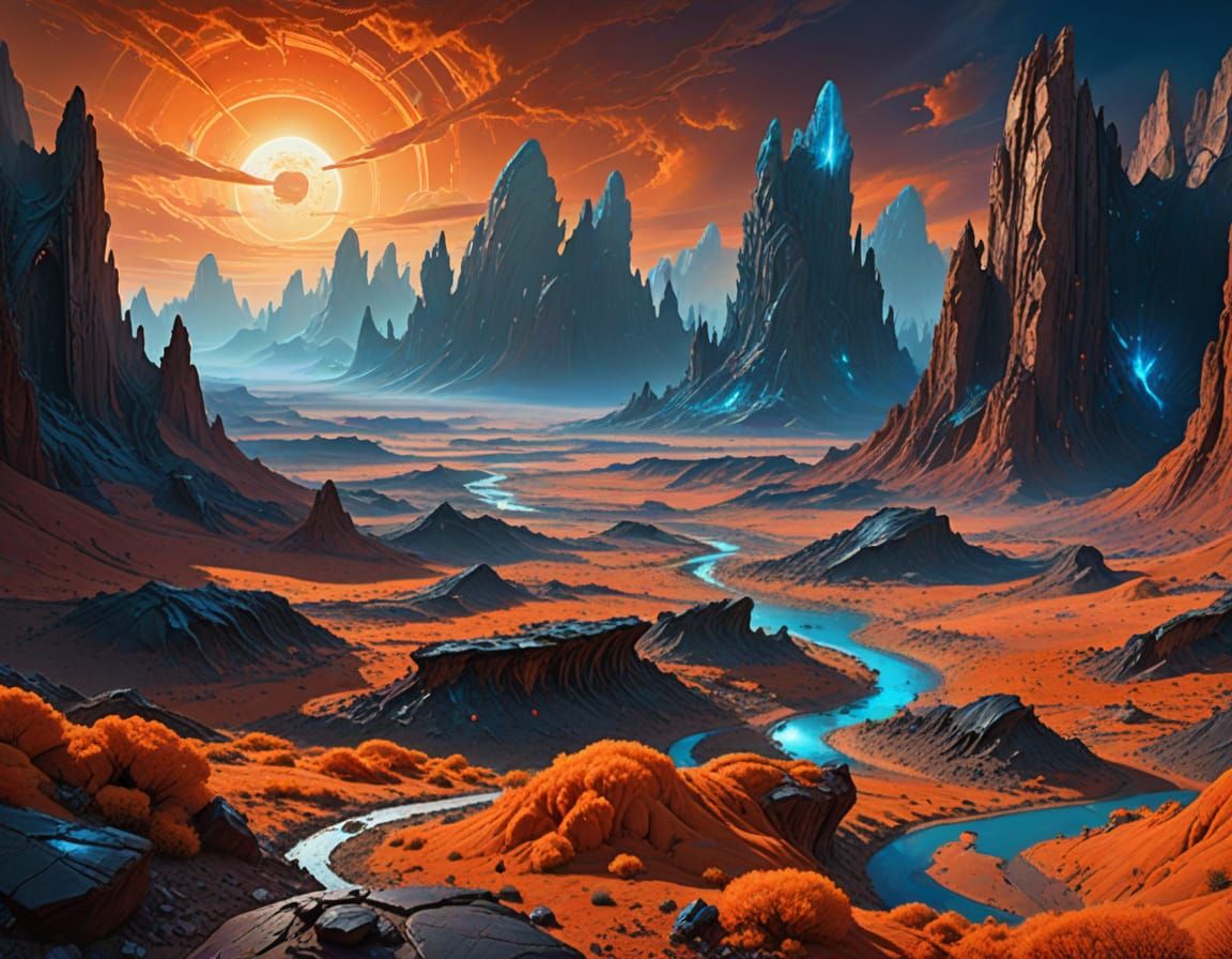 Alien Terrain Concept Art with Crystalline Structures