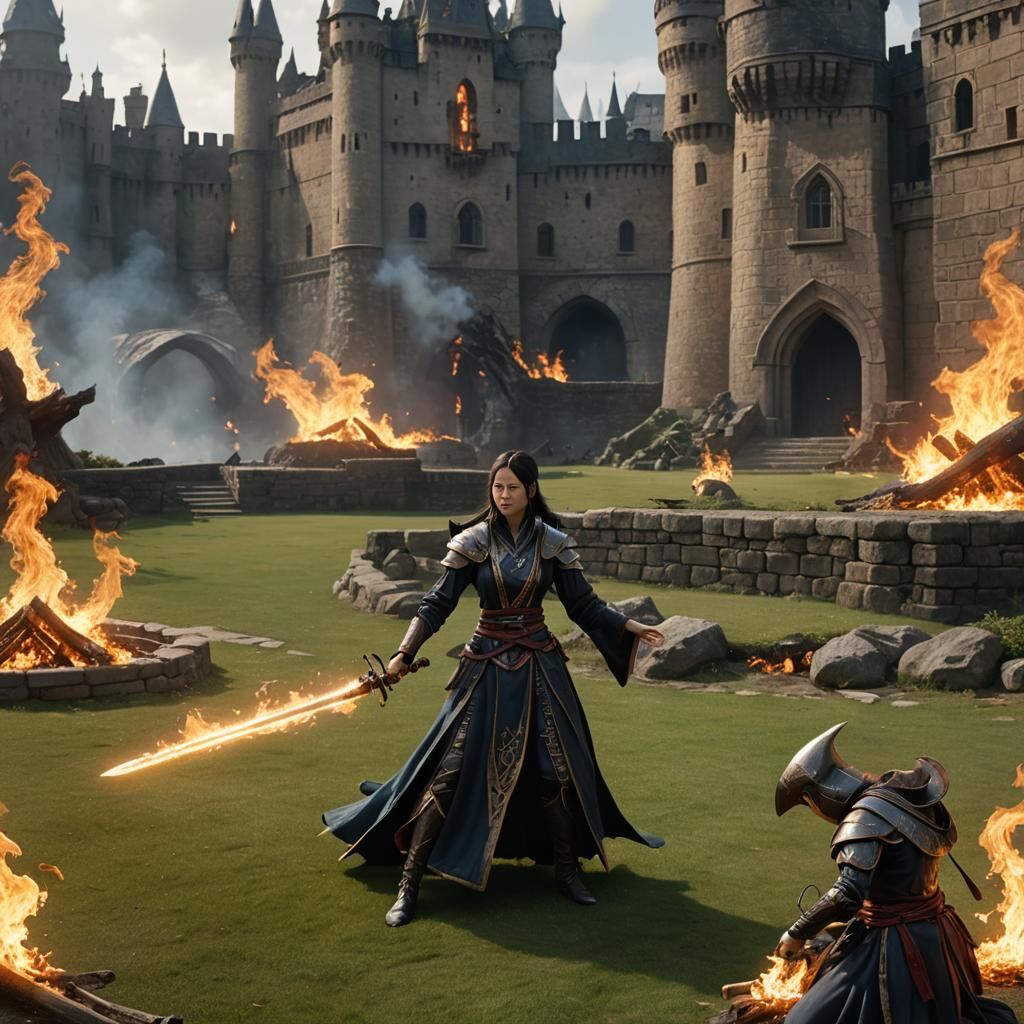 Sorceress in Fighting Stance Near Castle