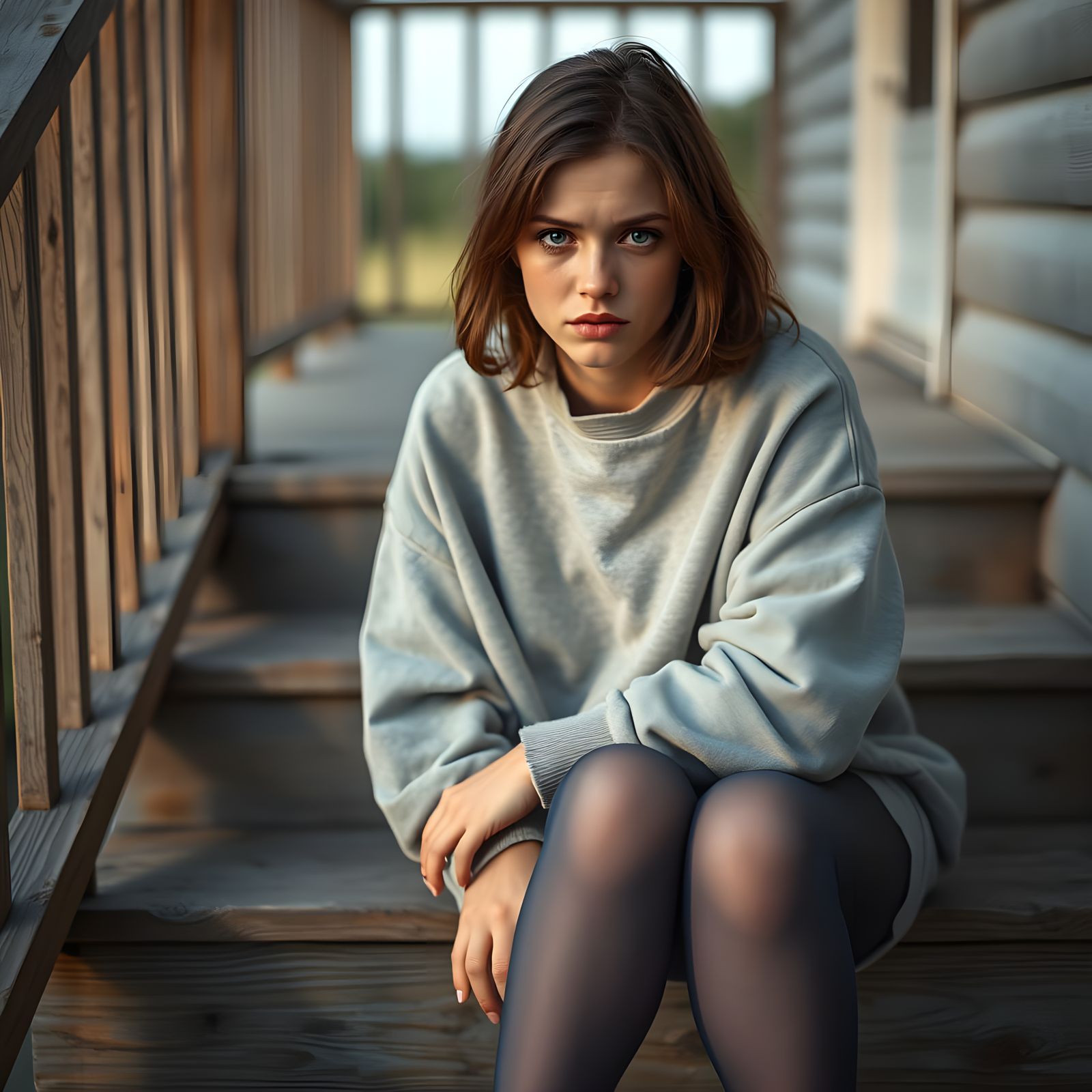 Young Woman's Tearful Realization in a Late Summer Morning S...