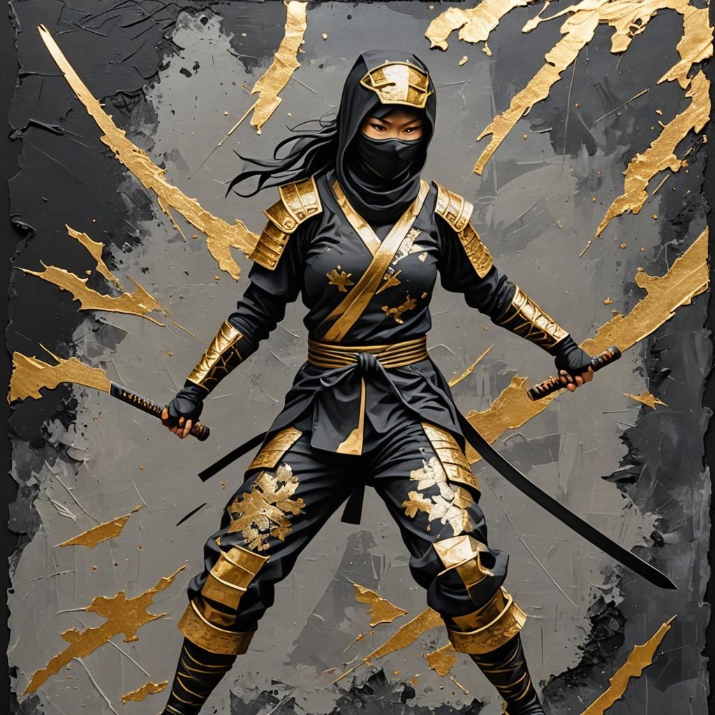 Glimmering Gold Ninja in Mixed Media Art
