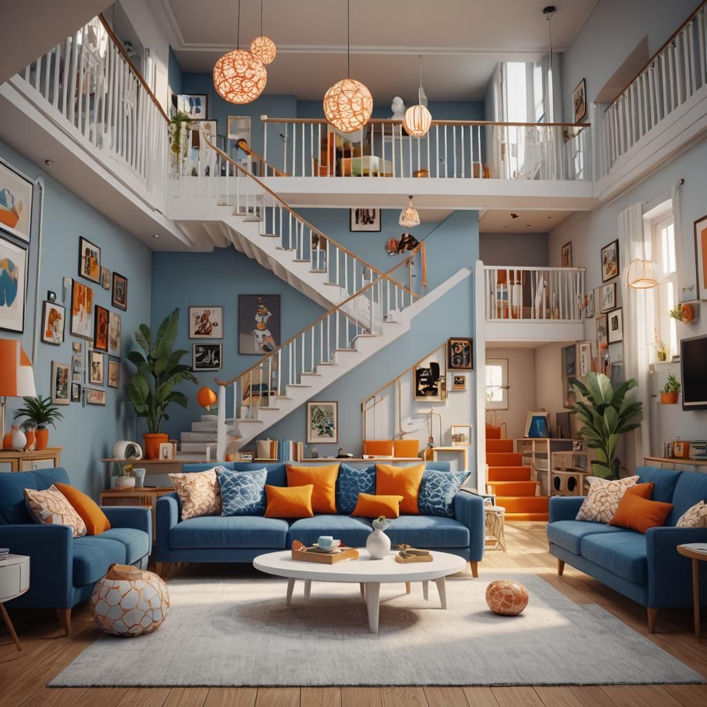 Sitcom Living Room with Orange Stairs in 3D