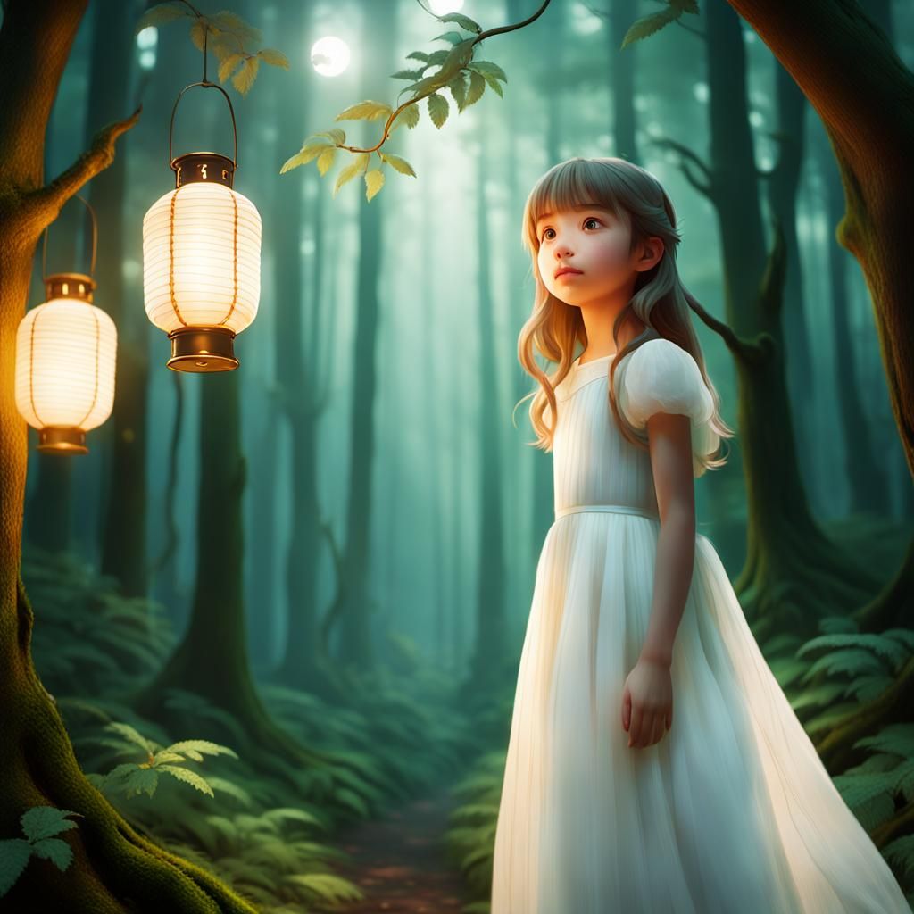 Girl in White Dress with Lantern, Miyazaki-Inspired