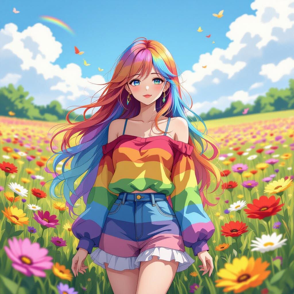 Woman with Rainbow Hair in Colorful Flower Field, Anime Styl...