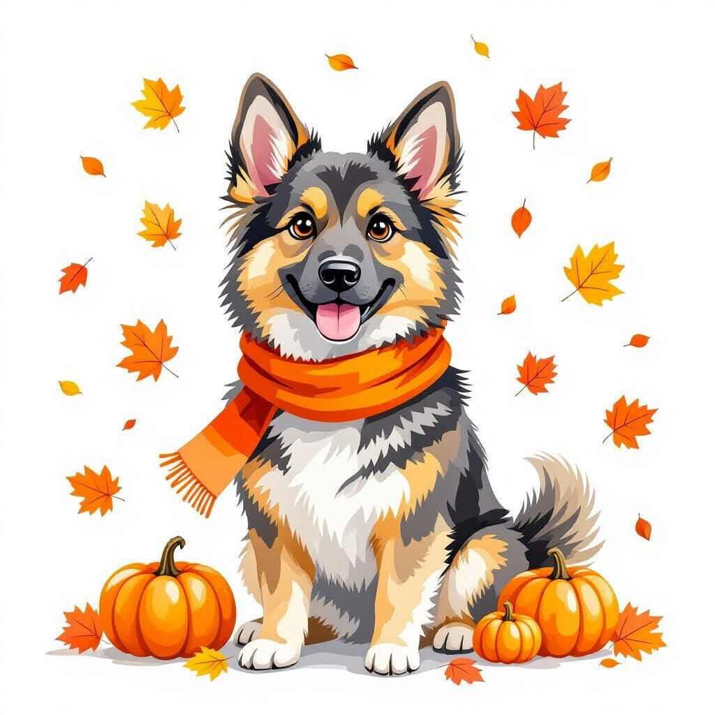 Whimsical German Shepherd in Watercolor Autumn Scene