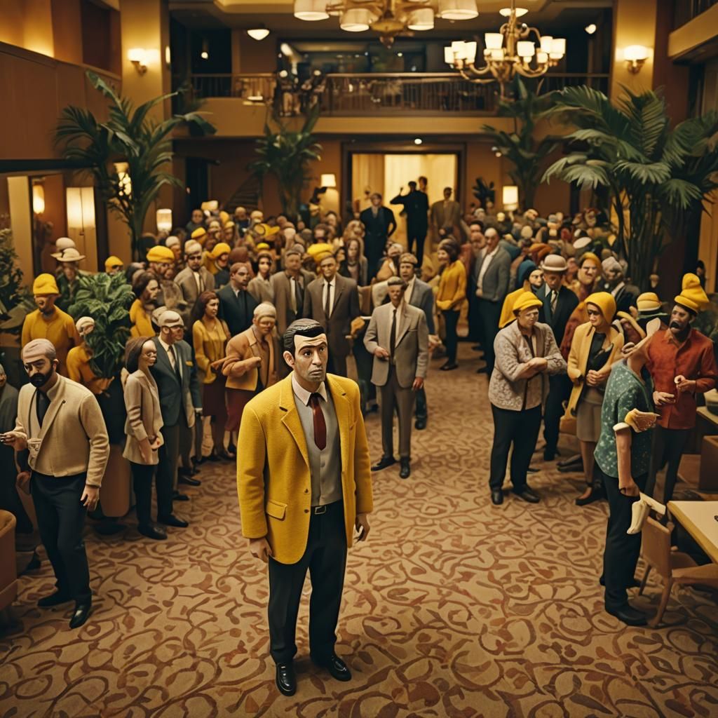 Quirky Stop-Motion Study of a Man in a Crowded Hotel Lobby