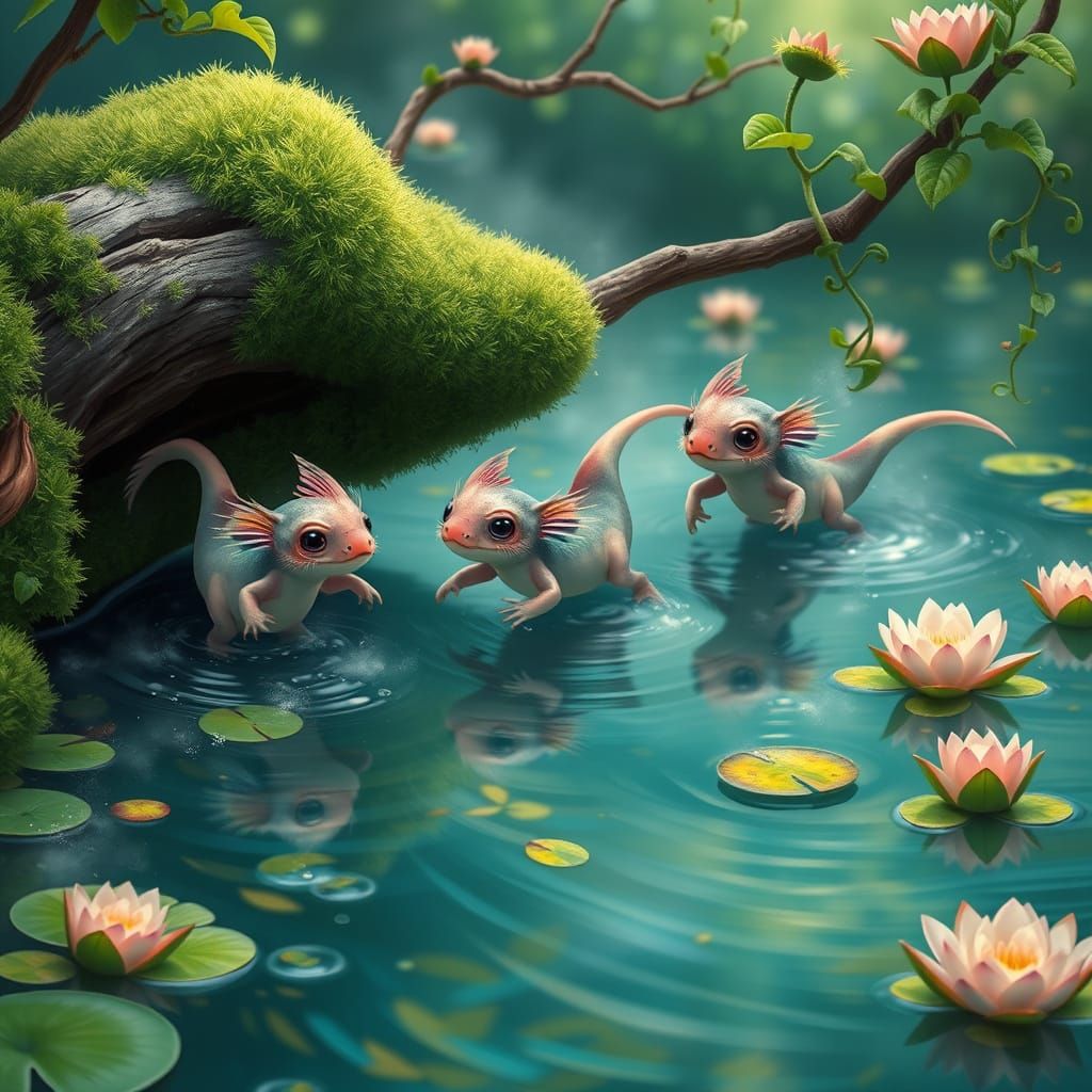 Adorable Axolotl Play Tag in Whimsical Forest Scene