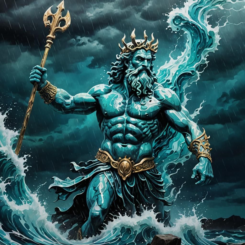 Poseidon in Stormy Sea: Dynamic Splash Art