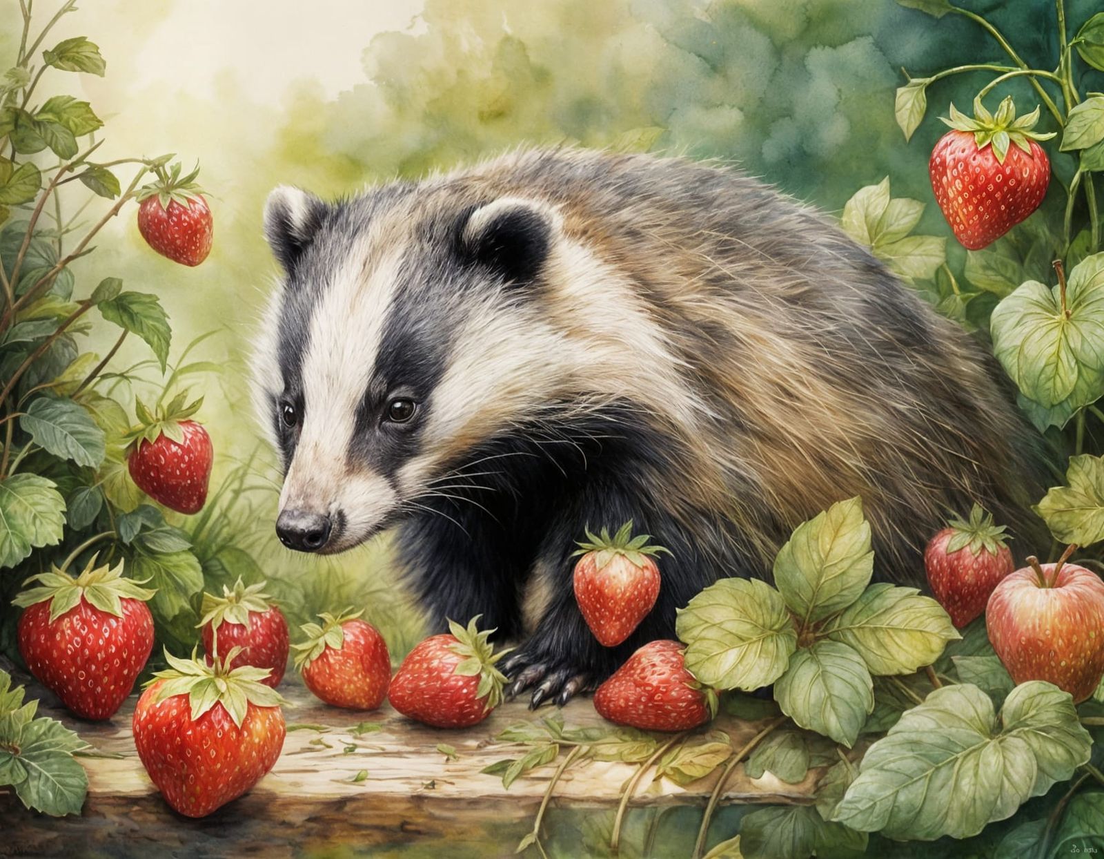 Whimsical Badger Tends Magical Strawberry Farmstand