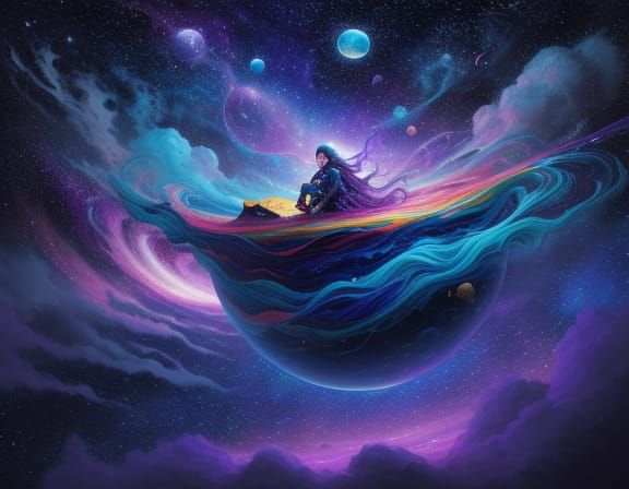 Surreal Oil Painting of Person Floating in Vibrant Space