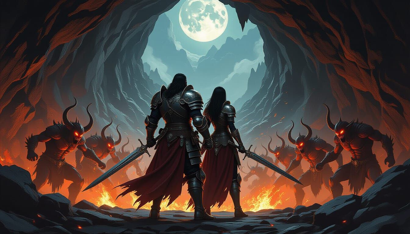 Knights Battle Demons in Dark Cavern