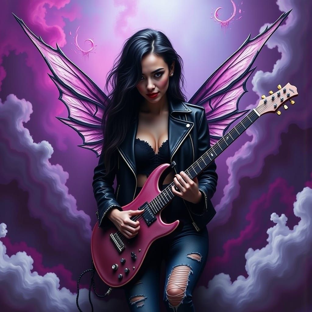 Gothic Rock Fairy in Leather Jacket Plays Electric Guitar
