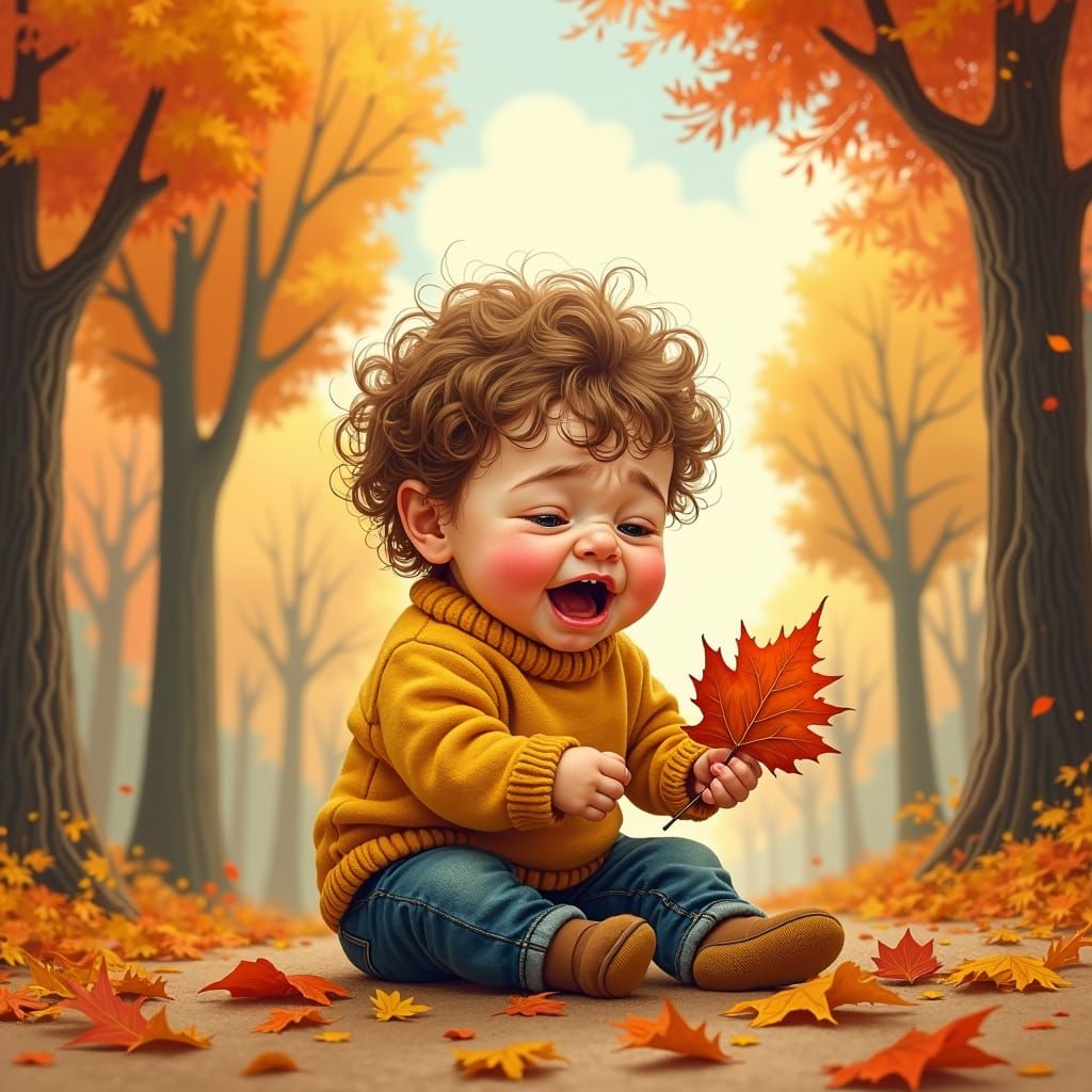 Toddler's Autumn Tantrum in Naive Art Style