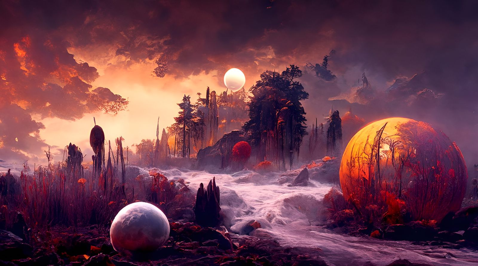 Alien Moonrise Over Forest: Sci-Fi Fantasy Painting