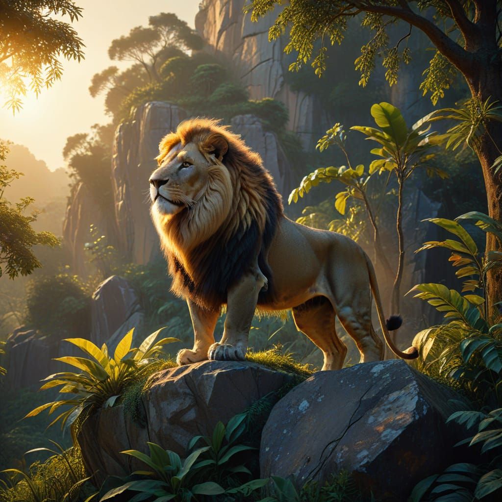 Lion Overlooking Jungle in Cubist Style