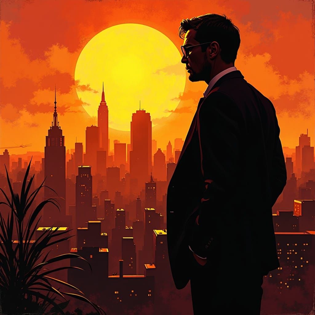 Businessman Silhouette at Sunset in Graphic Art Style