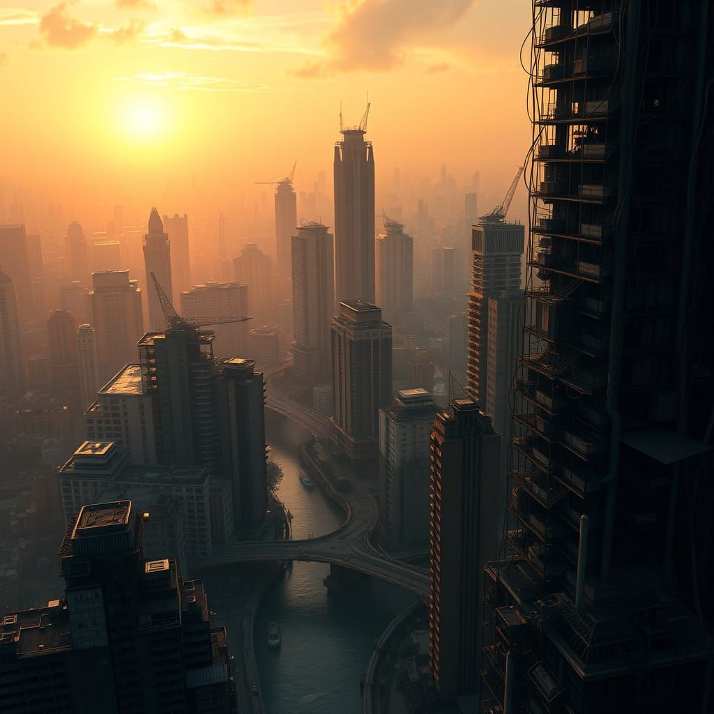 Cyberpunk Dystopian Metropolis at Sunset in 2079