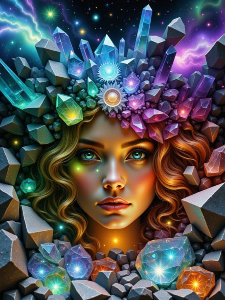 Crystalline Aurora: Woman's Face in Hyperrealistic Dreamscap...