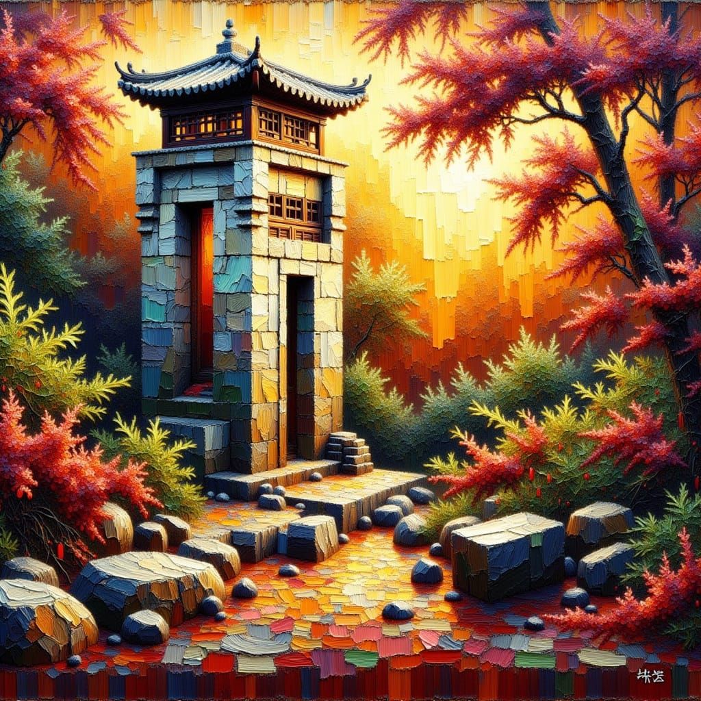 Surreal Oil Painting of Sheshan Basilica Under Sunset