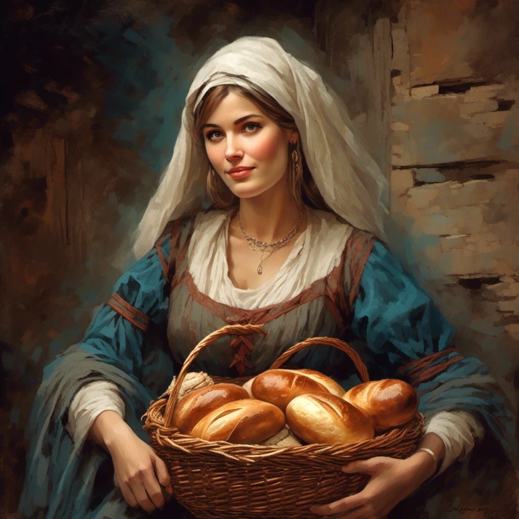 Medieval peasant woman holding bread basket