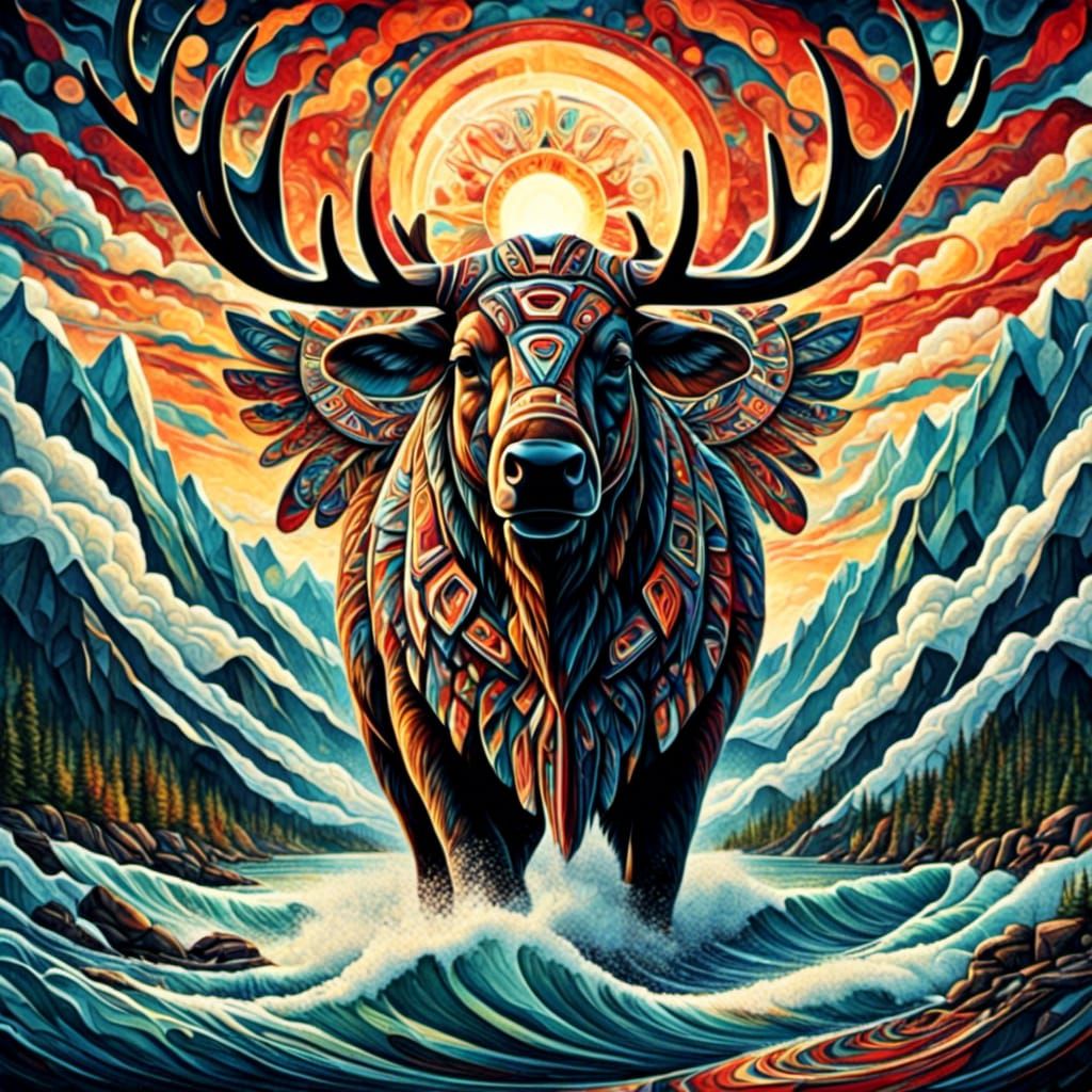 Cubist Moose Portrait with Northwest Coast Elements