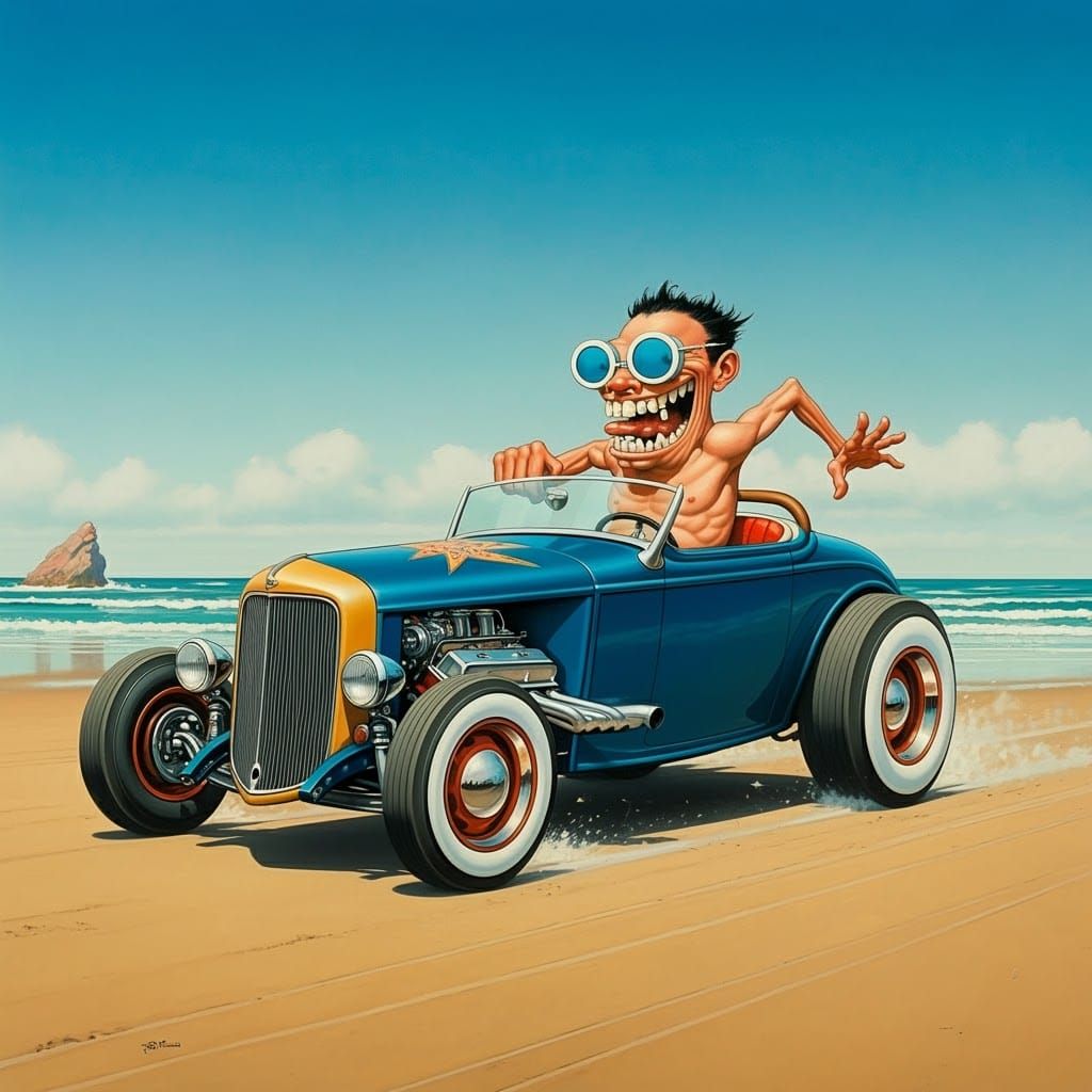 Cartoon Hot Rod Beach Race, Vintage Style Illustration