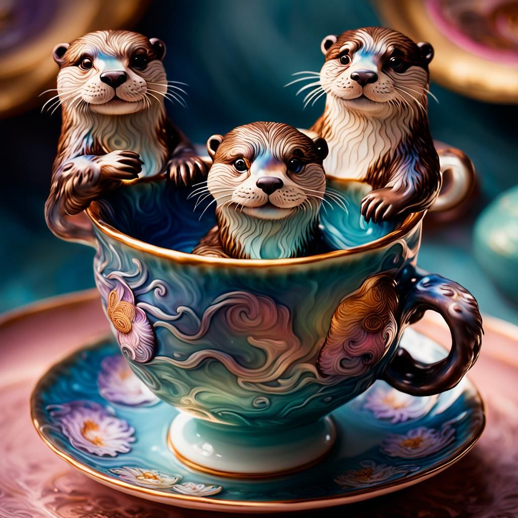 Otters in Teacup: Hyperrealistic Splash Art