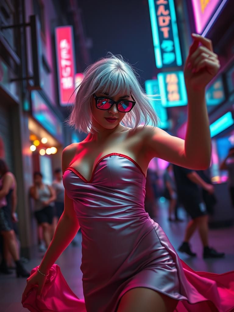 Cybergoth Woman's Provocative Dance in Neon Lights