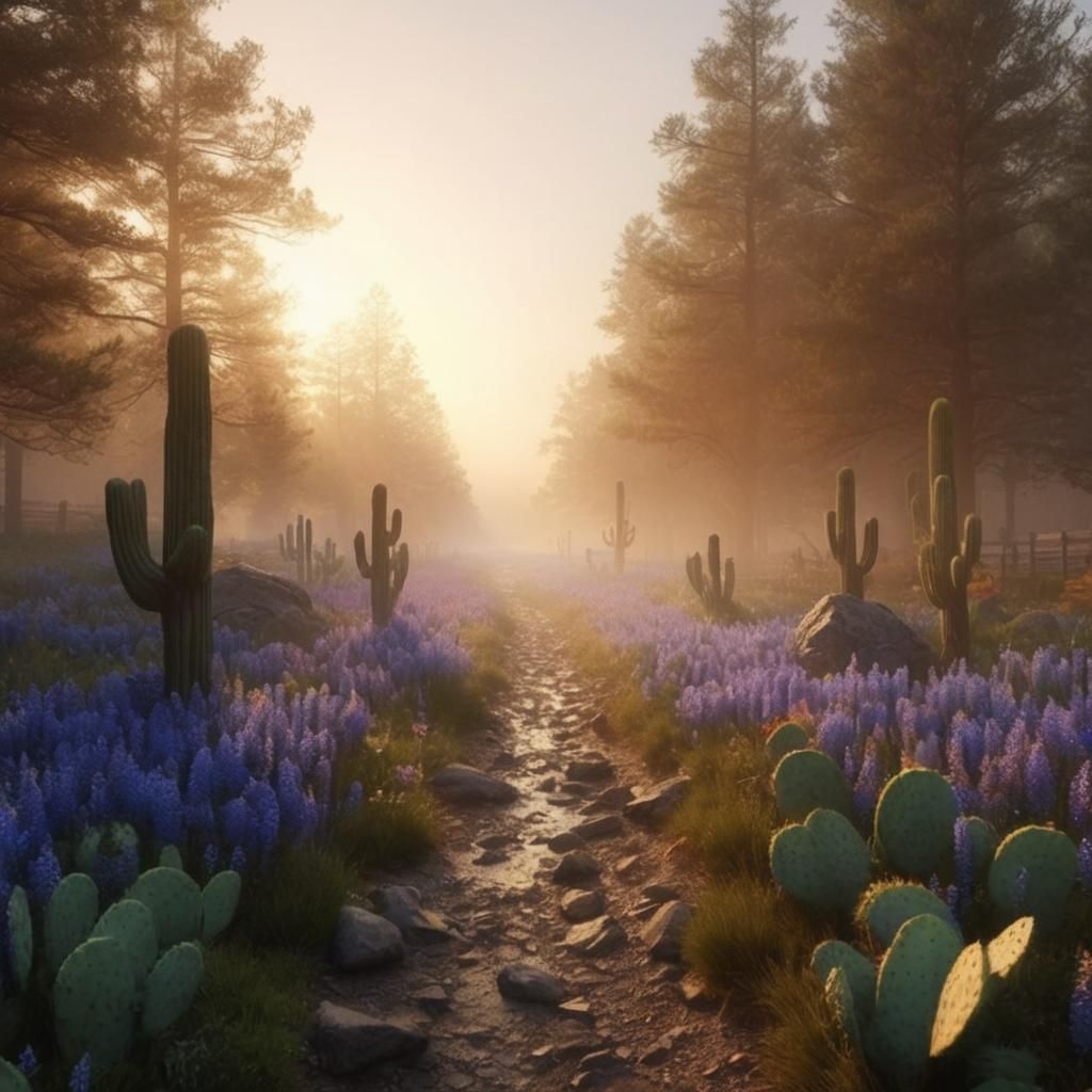 Evocative Dawn Scene with Purple Floral Hints
