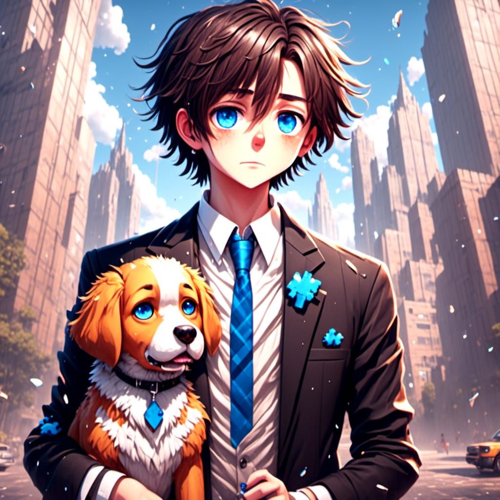 Crying Pixel Art Boy with Dog in 8-bit Style